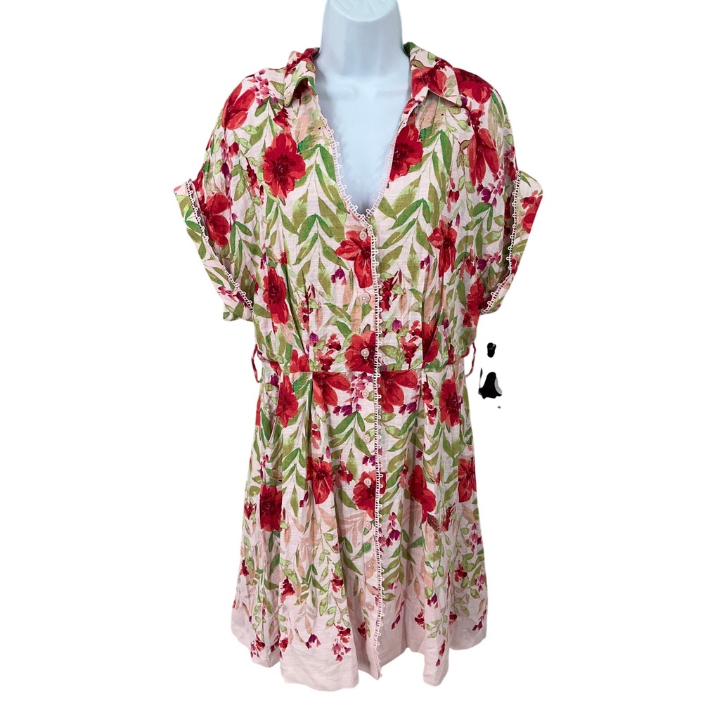Maison Tara Shirt Dress Womens 12 Pink Linen Blend Floral Boho Classic Romantic